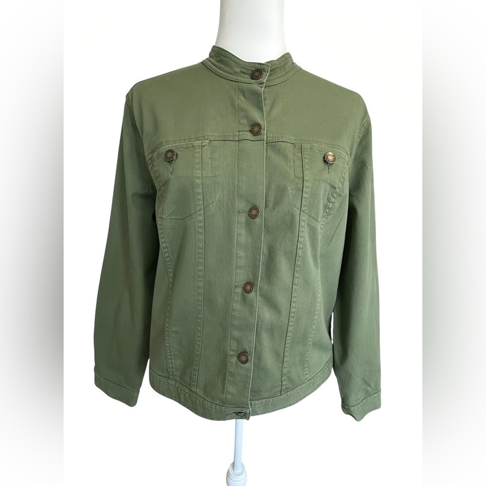 Charter Club Utility Jacket Women’s L Green Cotton Blend Military Button Front